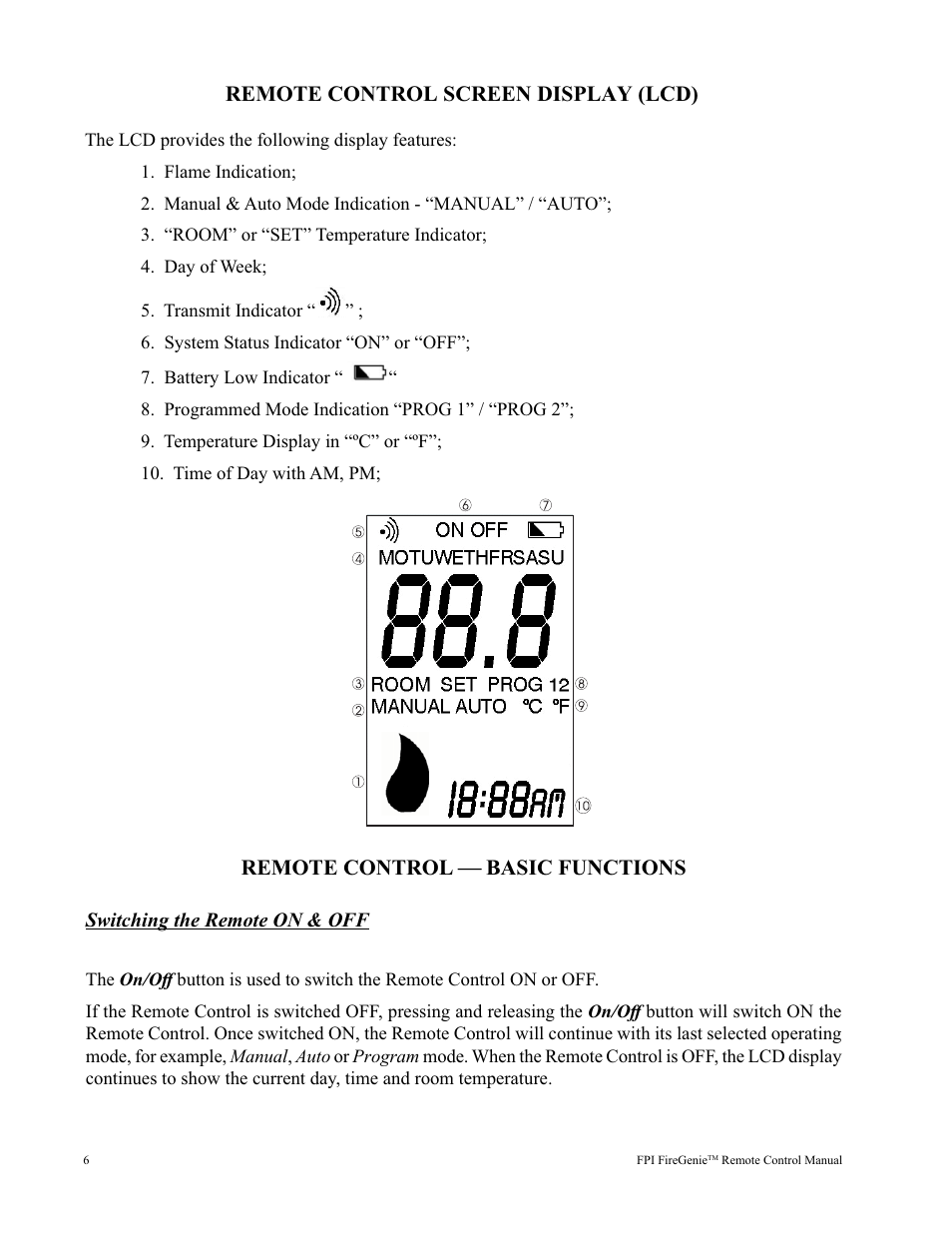 Remote control screen display (lcd), Remote control — basic functions | Regency FireGenie User Manual | Page 6 / 24