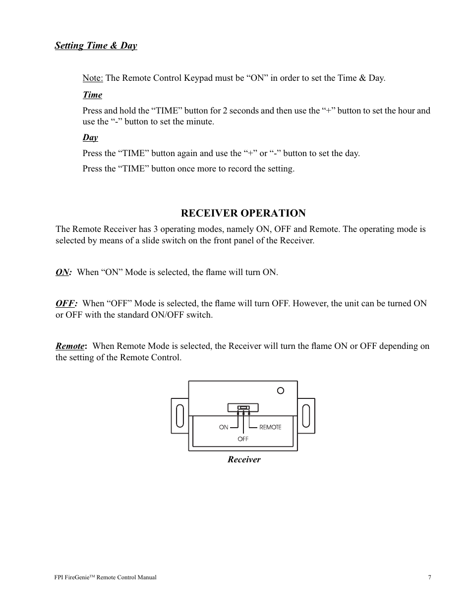 Receiver operation | Regency FireGenie User Manual | Page 7 / 24