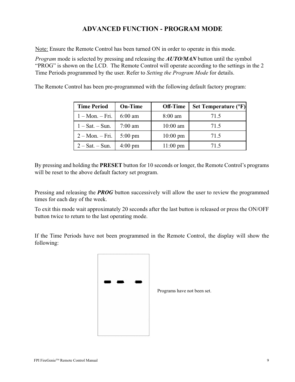 Advanced function - program mode | Regency FireGenie User Manual | Page 9 / 24