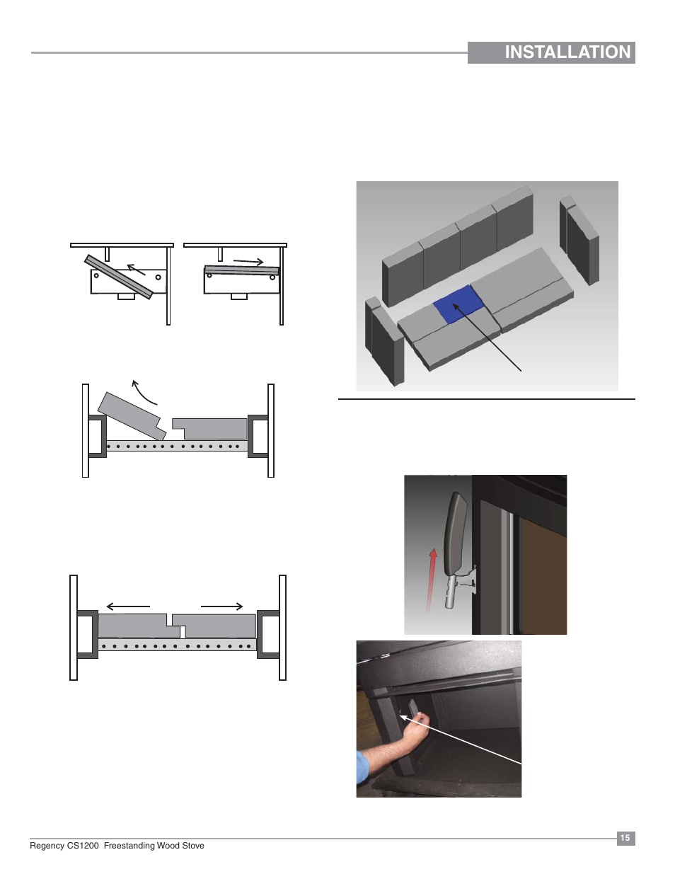 Installation, Brick installation, Door handle | Baffle and tube installation | Regency ALTERRA CS1200 User Manual | Page 15 / 32