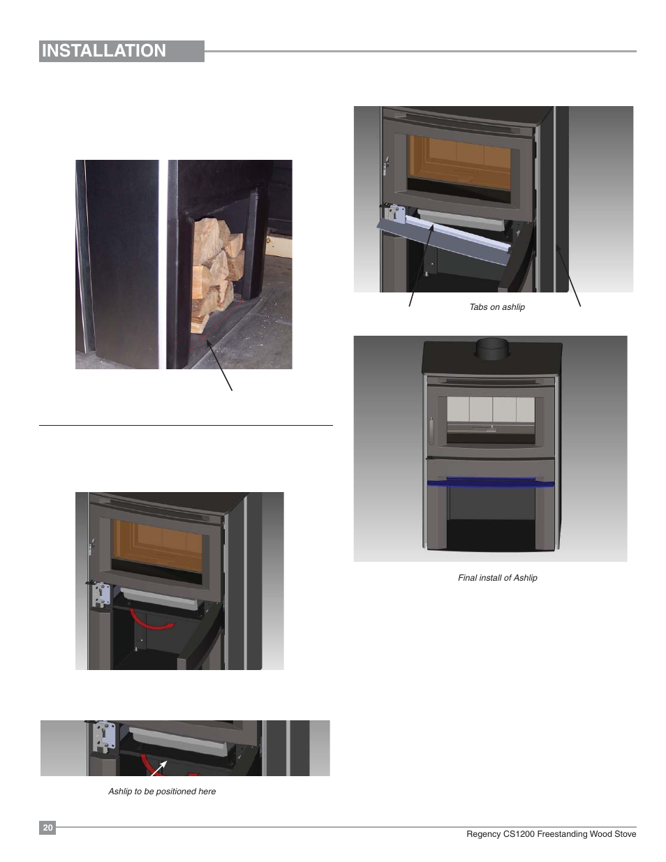 Installation, Optional ashlip installation wood storage | Regency ALTERRA CS1200 User Manual | Page 20 / 32