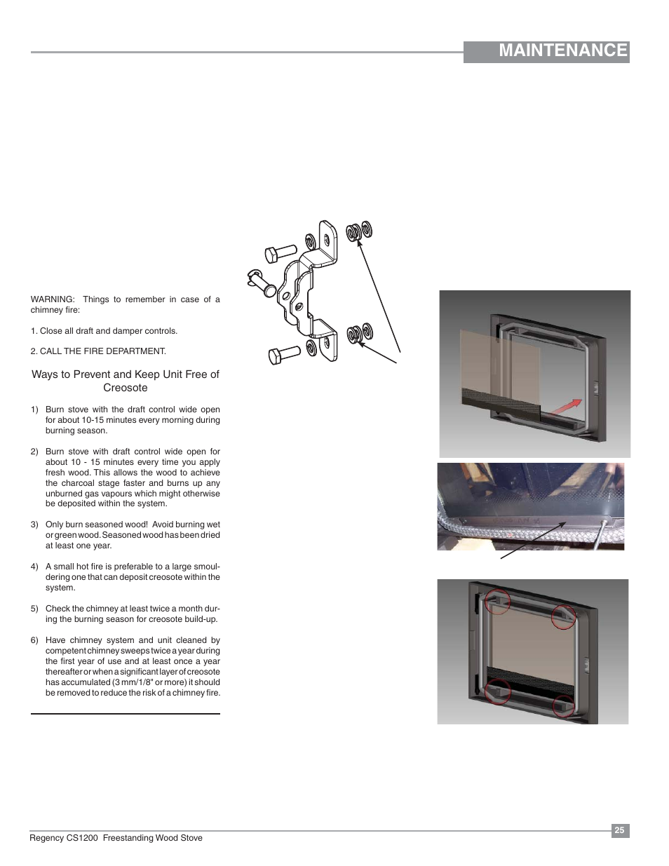 Maintenance, Creosote, Glass replacement | Door catch adjustment, Door gasket, Glass maintenance | Regency ALTERRA CS1200 User Manual | Page 25 / 32