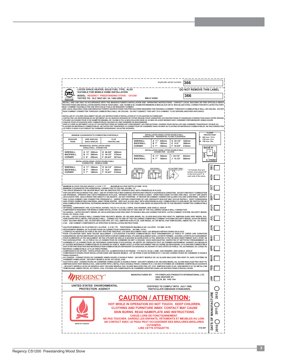 Safety label, Caution / attention | Regency ALTERRA CS1200 User Manual | Page 3 / 32