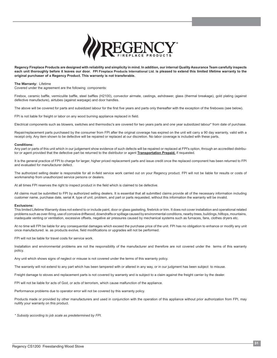 Warranty | Regency ALTERRA CS1200 User Manual | Page 31 / 32