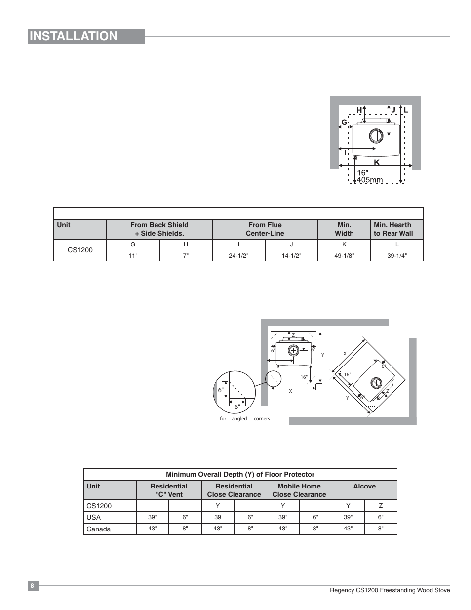 Installation, Minimum alcove clearance to combustible materials | Regency ALTERRA CS1200 User Manual | Page 8 / 32