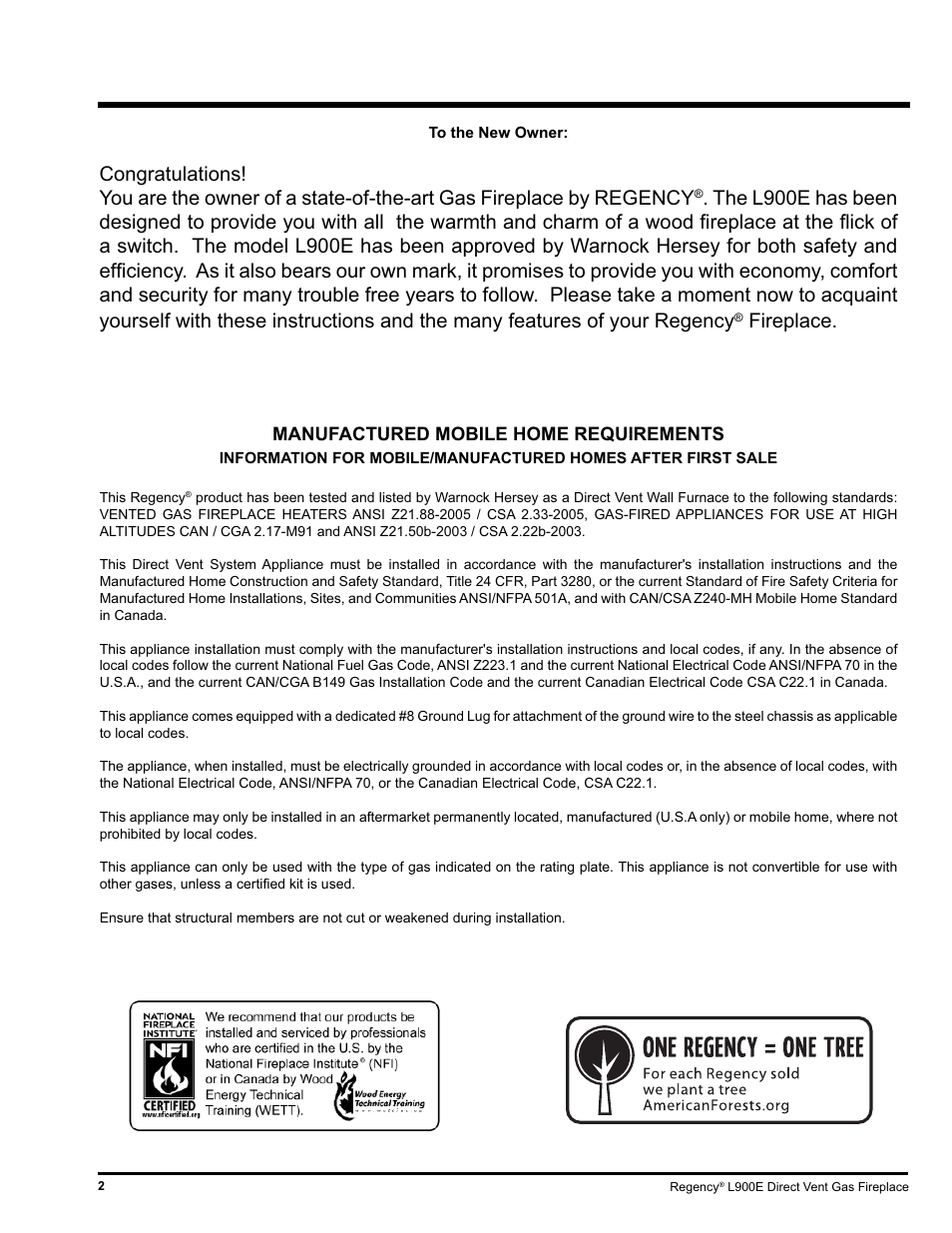 Fireplace, Manufactured mobile home requirements | Regency L900E-NG User Manual | Page 2 / 44