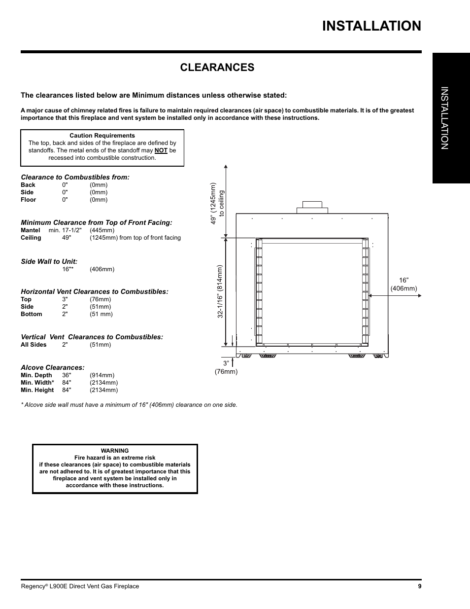 Installation, Clearances, Inst alla tion | Regency L900E-NG User Manual | Page 9 / 44