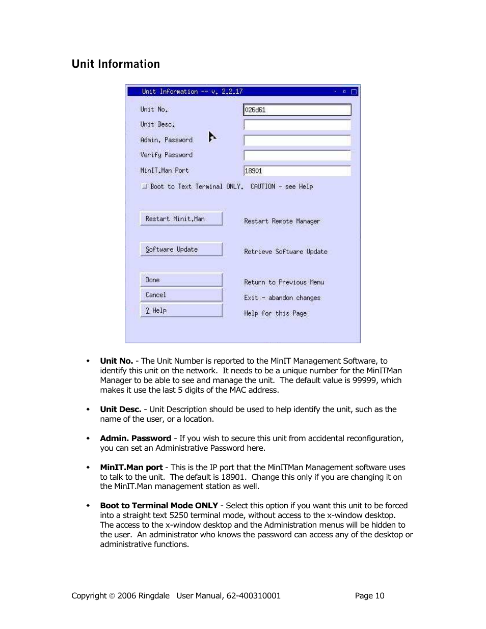 Unit information | Ringdale Minit 5250E User Manual | Page 10 / 43