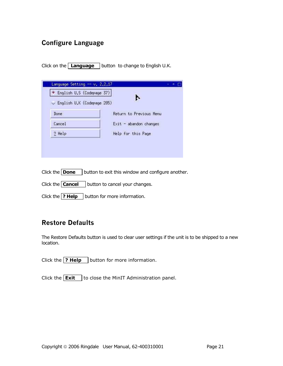 Configure language, Restore defaults | Ringdale Minit 5250E User Manual | Page 21 / 43