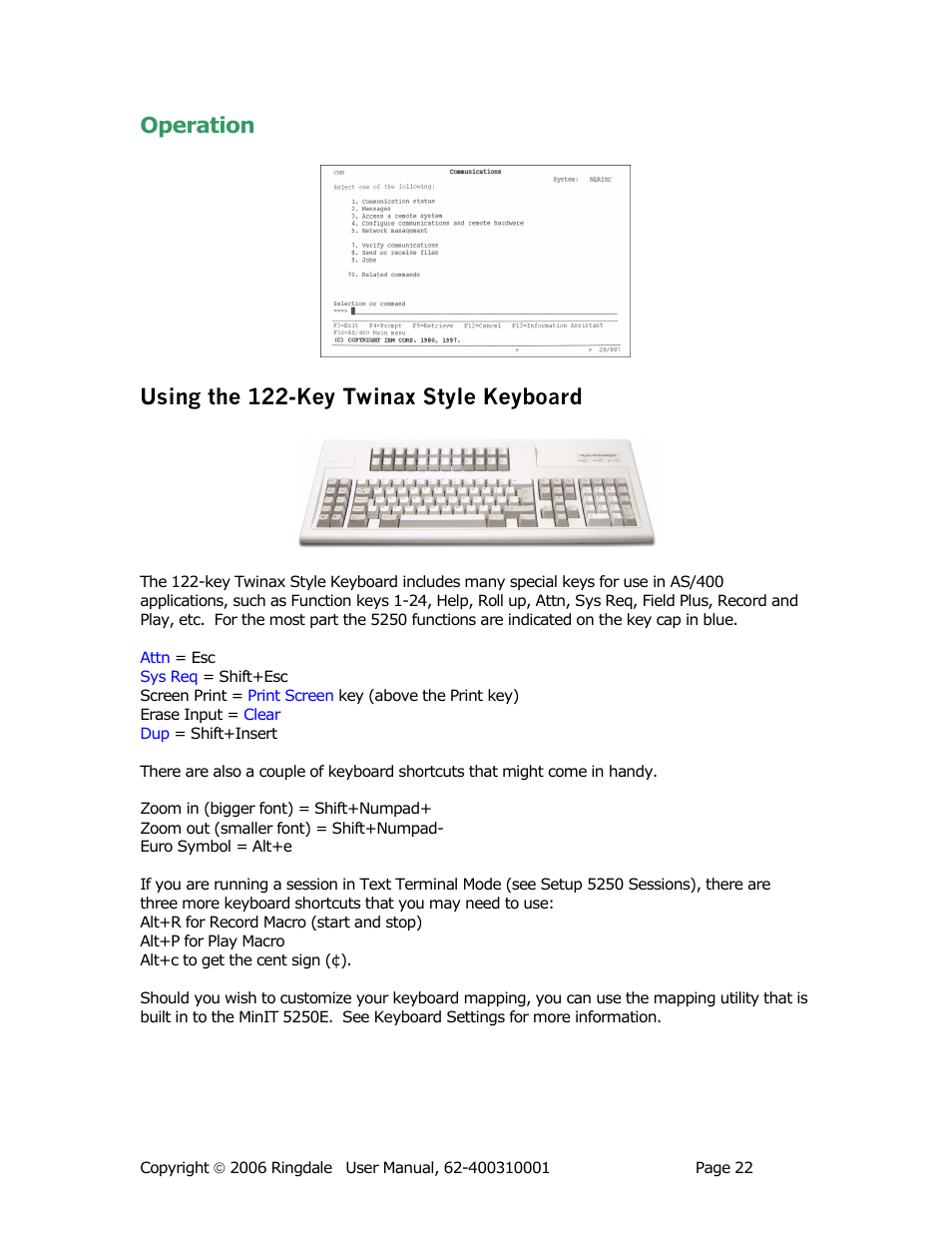 Operation using the 122-key twinax style keyboard | Ringdale Minit 5250E User Manual | Page 22 / 43