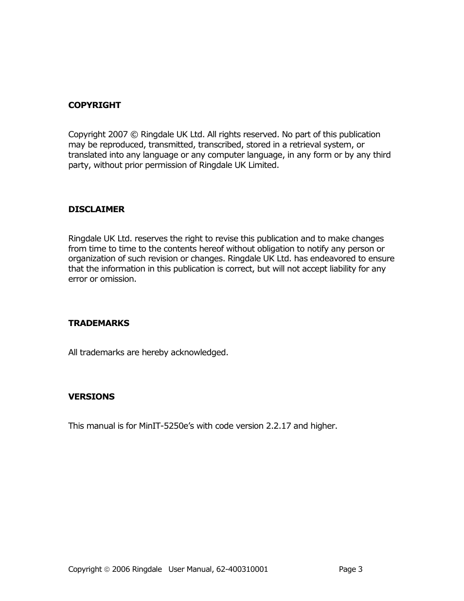 Ringdale Minit 5250E User Manual | Page 3 / 43