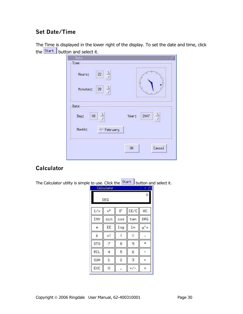 Set date/time, Calculator | Ringdale Minit 5250E User Manual | Page 30 / 43