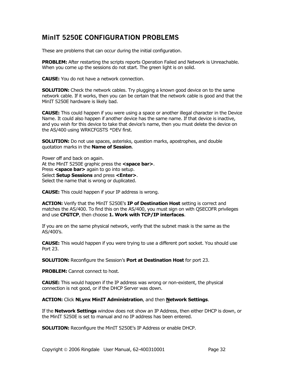 Minit 5250e configuration problems | Ringdale Minit 5250E User Manual | Page 32 / 43