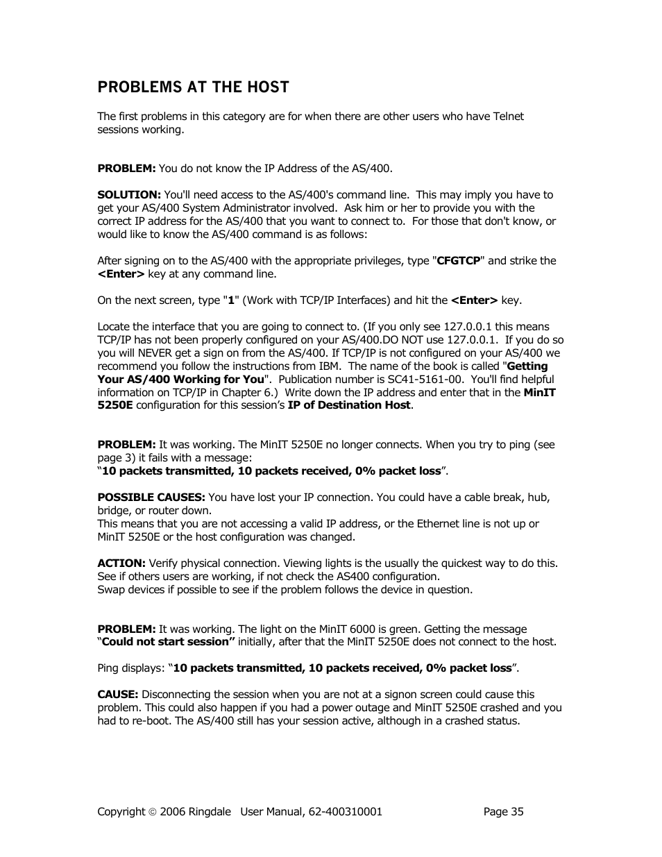 Problems at the host | Ringdale Minit 5250E User Manual | Page 35 / 43