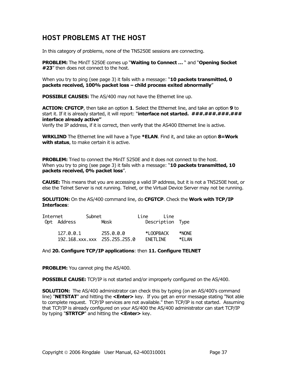 Host problems at the host | Ringdale Minit 5250E User Manual | Page 37 / 43