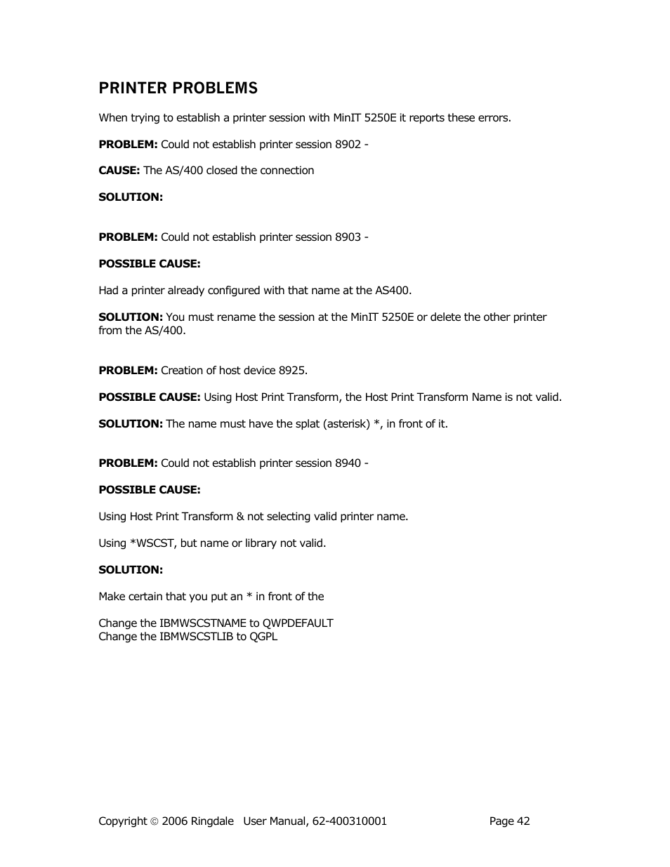 Printer problems | Ringdale Minit 5250E User Manual | Page 42 / 43