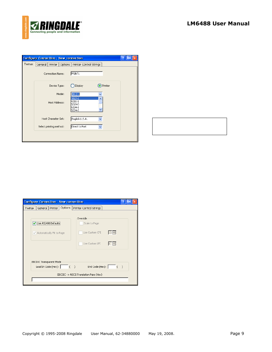 Twinax printer session configuration | Ringdale Thin Twinax Terminal LM-6488 User Manual | Page 9 / 15