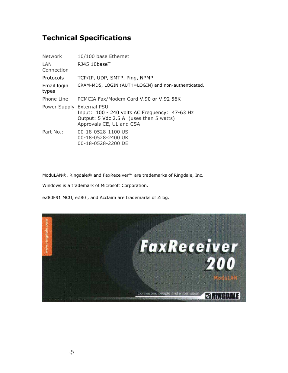 Technical specifications, Trademark recognition | Ringdale Fax Receiver MFR-200 User Manual | Page 20 / 28