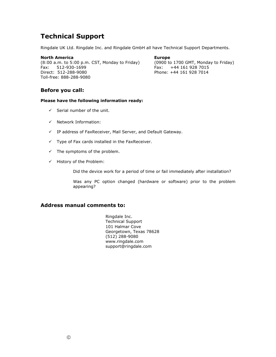 Technical support | Ringdale Fax Receiver MFR-200 User Manual | Page 28 / 28