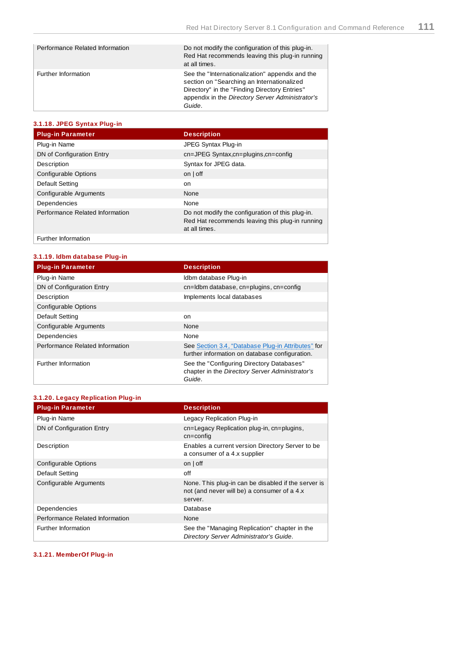 Jpeg syntax plug-in, Ldbm database plug-in, Legacy replication plug-in | Memberof plug-in | Red Hat 8.1 User Manual | Page 111 / 292