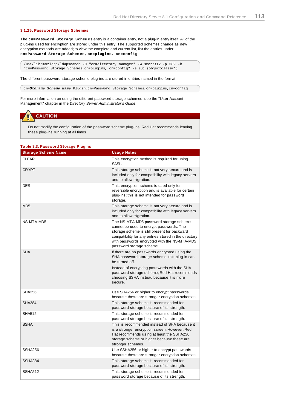 Password storage schemes, Caution, Table 3.3. password storage plugins | Red Hat 8.1 User Manual | Page 113 / 292