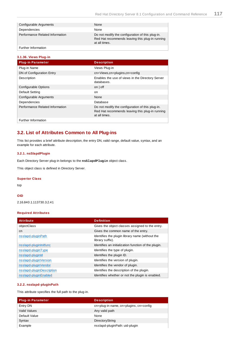 Views plug-in, List of attributes common to all plug-ins, Nsslapdplugin | Superior class, Required attributes, Nsslapd-pluginpath, Nsslapdplugin 3.2.2. nsslapd-pluginpath | Red Hat 8.1 User Manual | Page 117 / 292