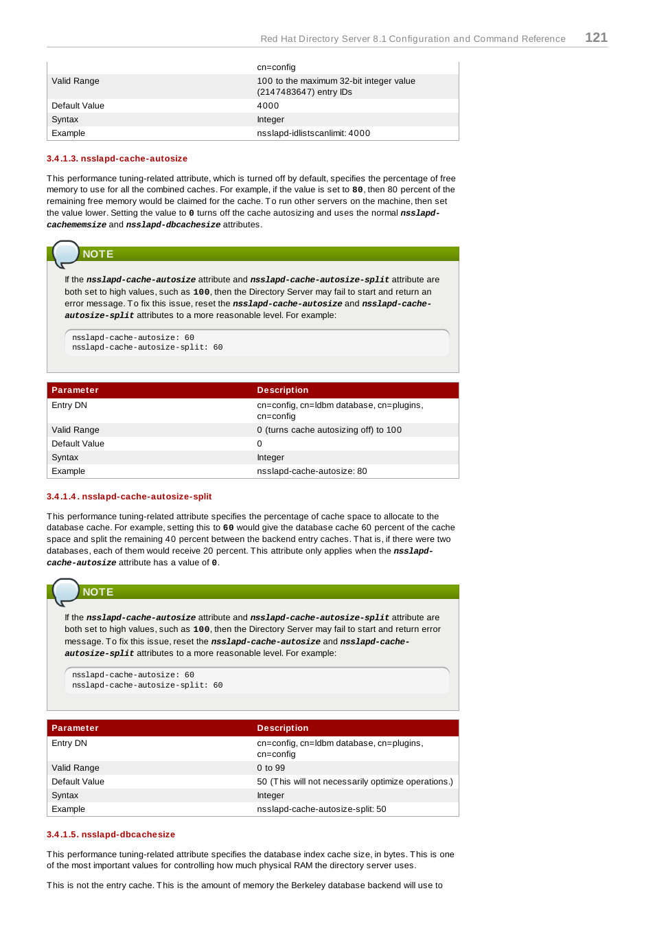 Nsslapd-cache-autosize, Note, Nsslapd-cache-autosize-split | Nsslapd-dbcachesize | Red Hat 8.1 User Manual | Page 121 / 292