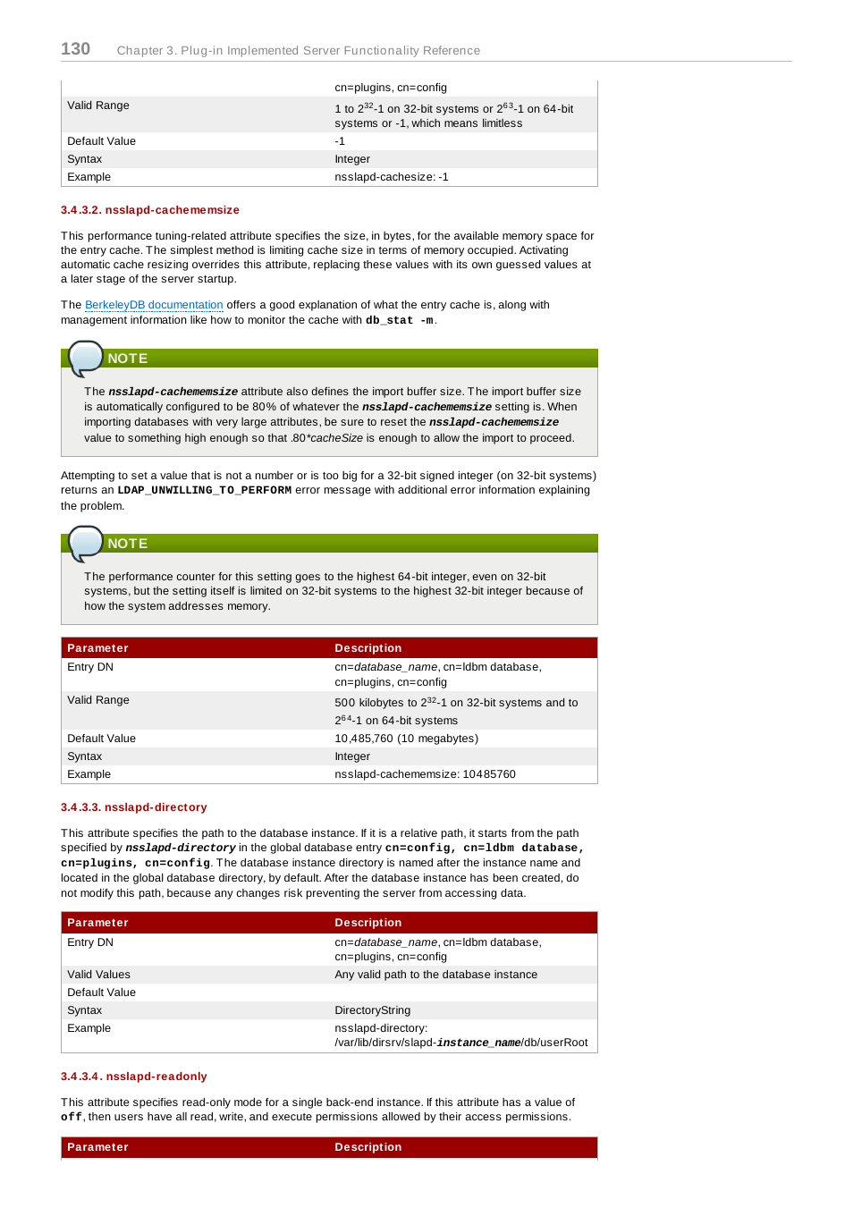 Nsslapd-cachememsize, Note, Nsslapd-directory | Nsslapd-readonly, Section 3.4.3.2, “nsslapd, Cachememsize | Red Hat 8.1 User Manual | Page 130 / 292