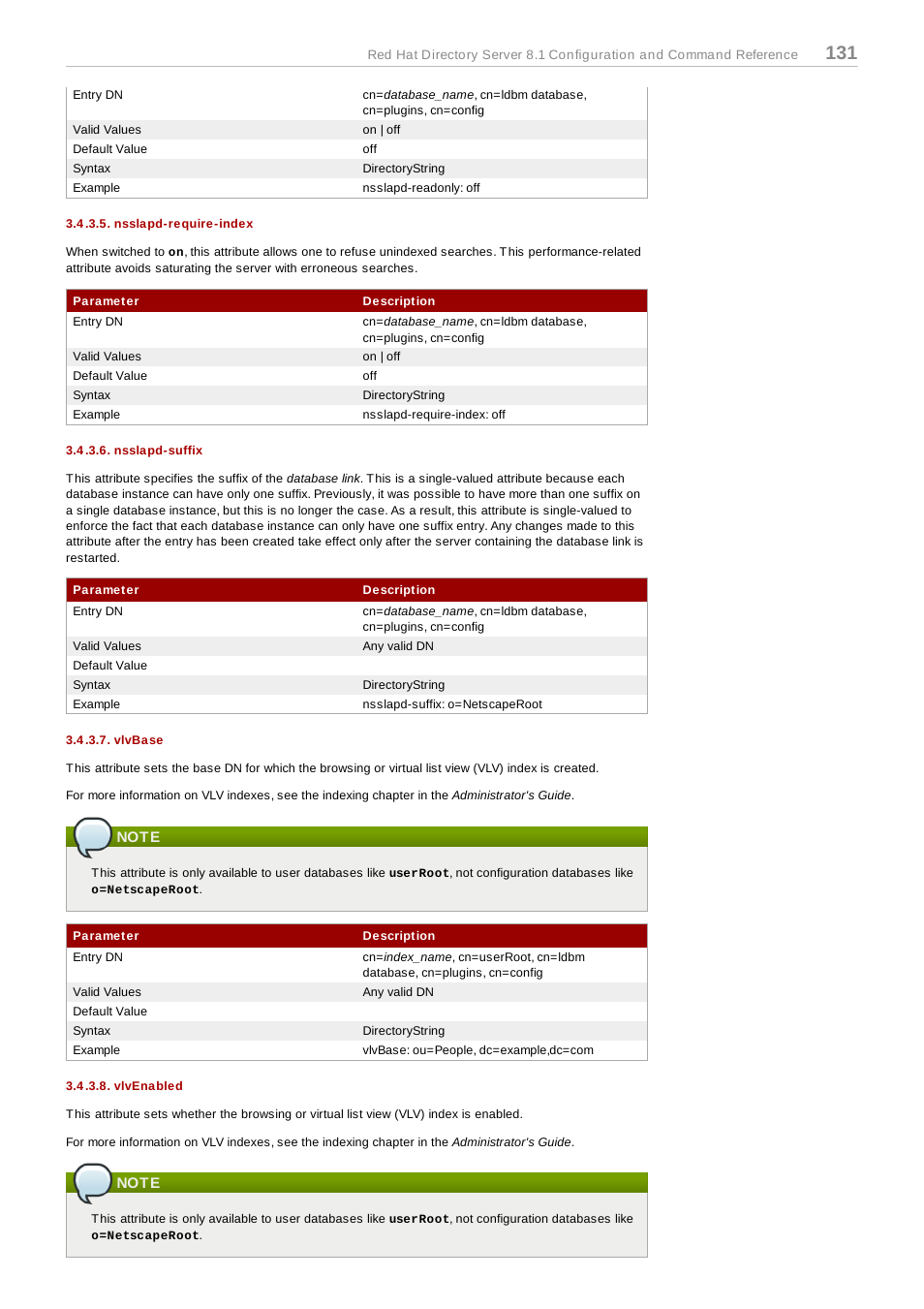 Nsslapd-require-index, Nsslapd-suffix, Vlvbase | Note, Vlvenabled | Red Hat 8.1 User Manual | Page 131 / 292