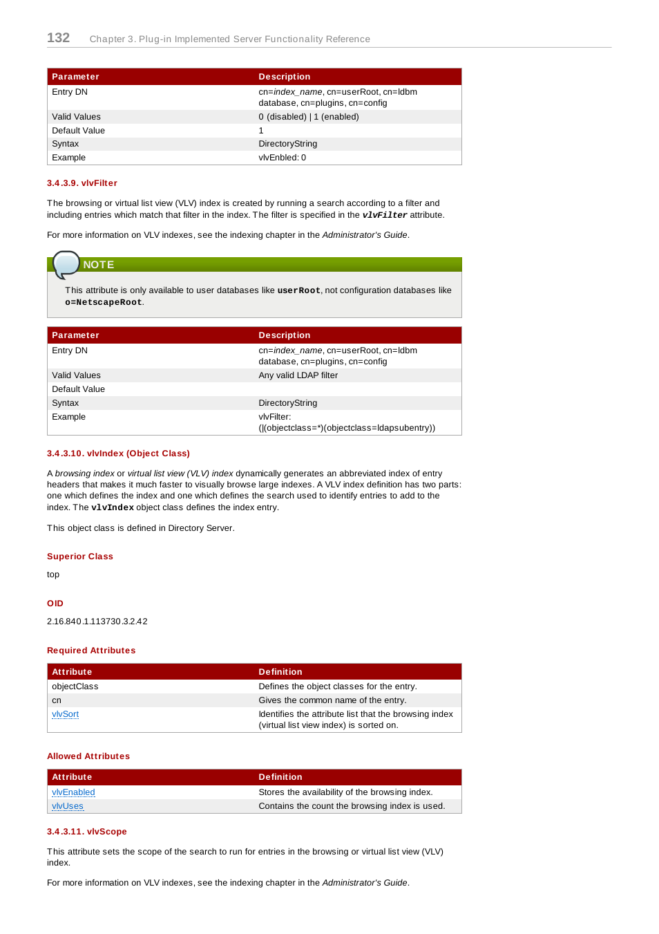 Vlvfilter, Note, Vlvindex (object class) | Superior class, Required attributes, Allowed attributes, Vlvscope | Red Hat 8.1 User Manual | Page 132 / 292