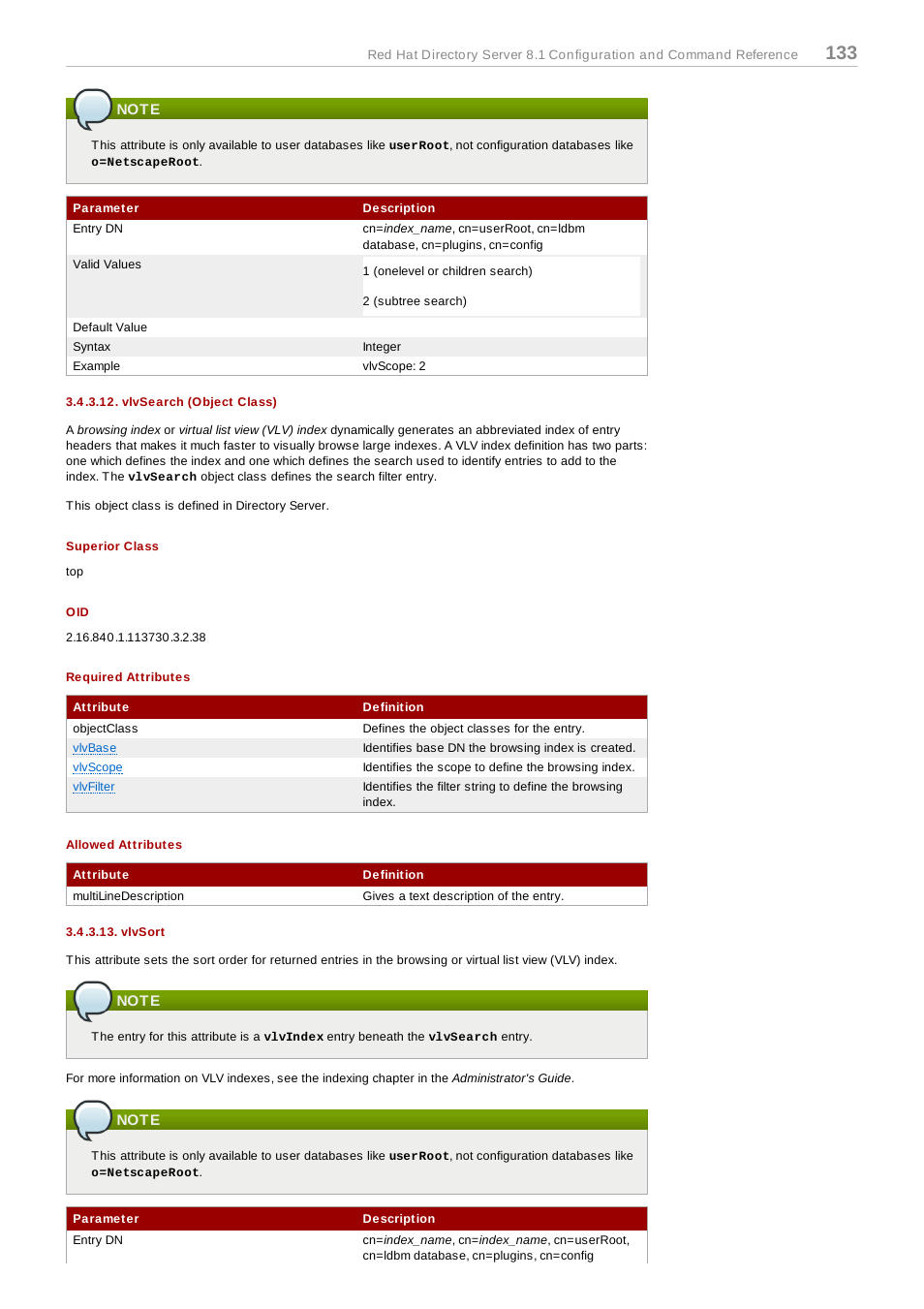 Note, Vlvsearch (object class), Superior class | Required attributes, Allowed attributes, Vlvsort | Red Hat 8.1 User Manual | Page 133 / 292