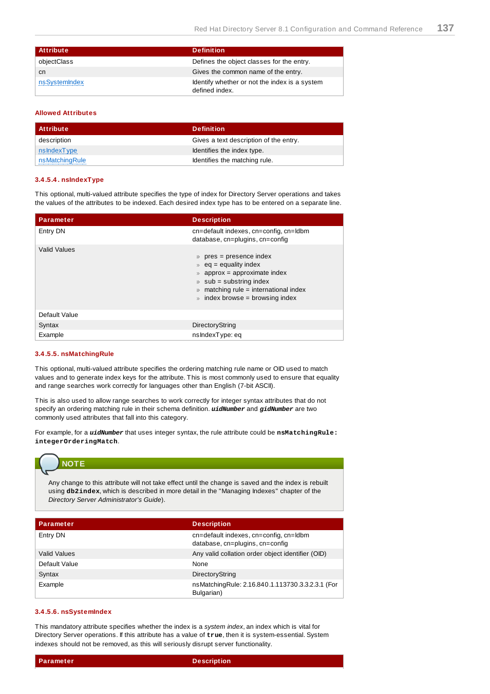 Nsindextype, Nsmatchingrule, Note | Nssystemindex | Red Hat 8.1 User Manual | Page 137 / 292