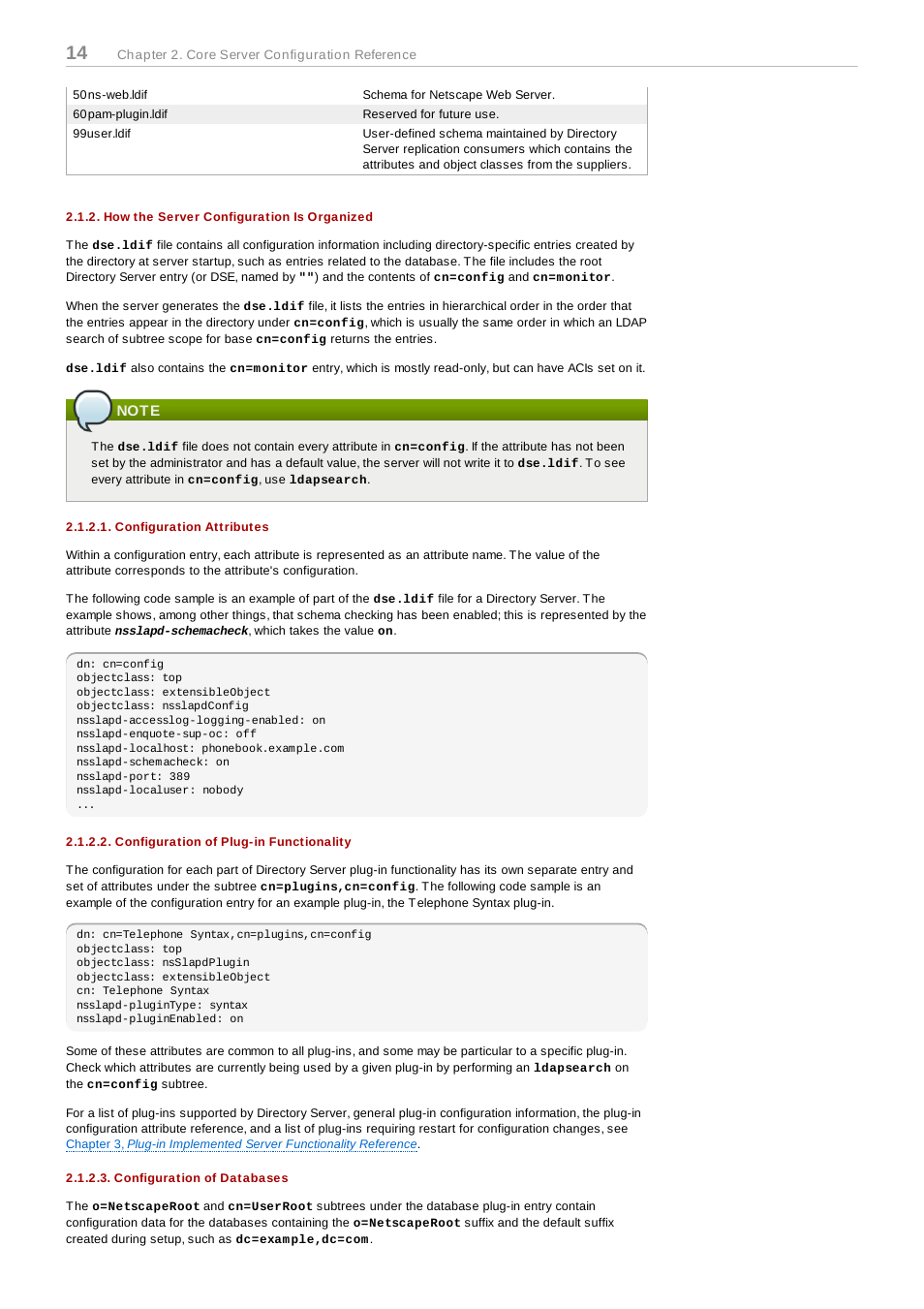 How the server configuration is organized, Note, Configuration attributes | Configuration of plug-in functionality, Configuration of databases | Red Hat 8.1 User Manual | Page 14 / 292