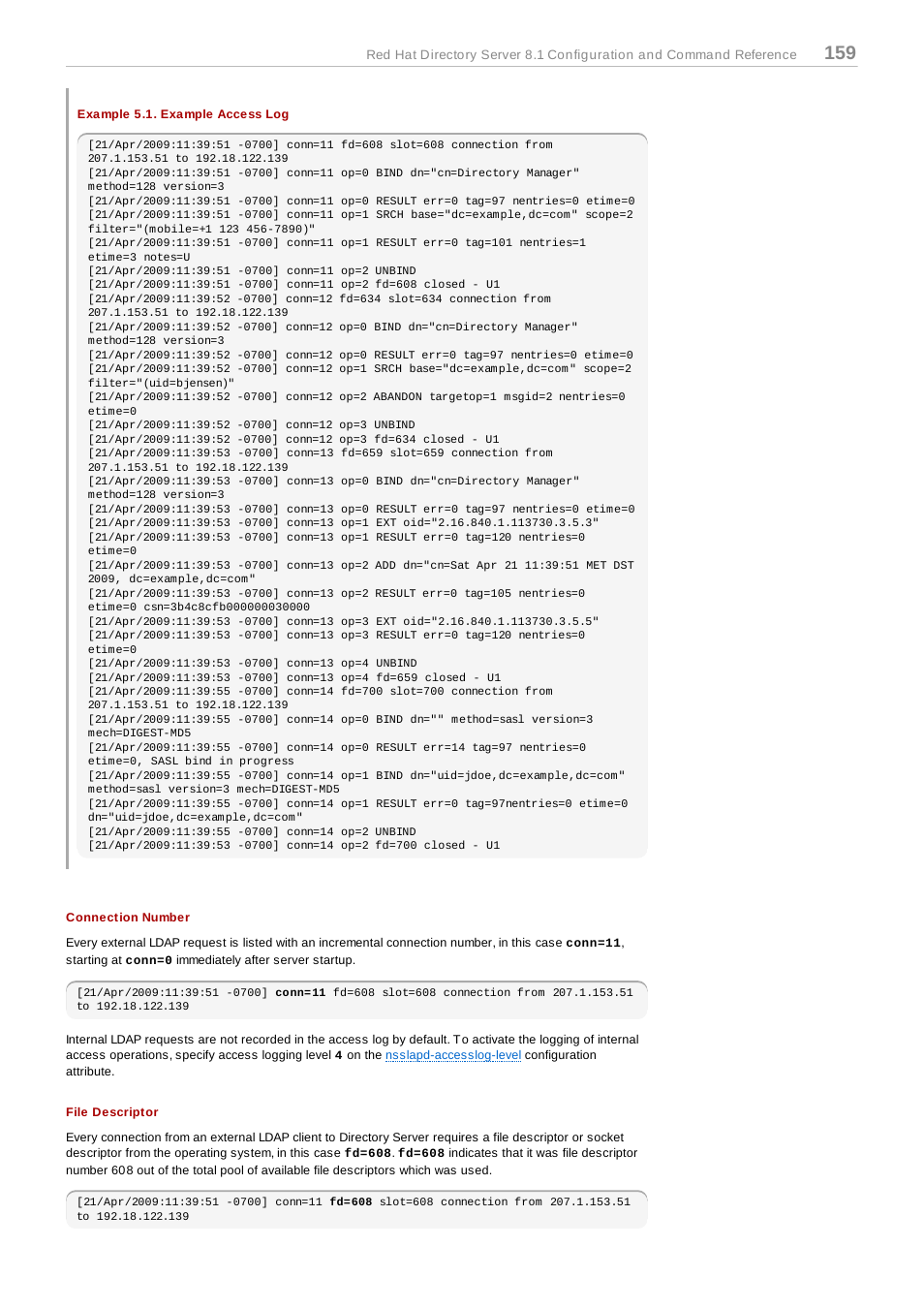 Example 5.1. example access log, Connection number, File descriptor | Red Hat 8.1 User Manual | Page 159 / 292