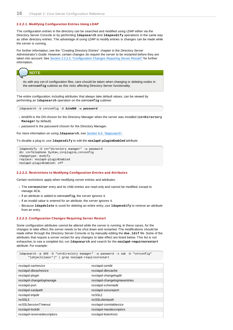 Modifying configuration entries using ldap, Note, Configuration changes requiring server restart | Red Hat 8.1 User Manual | Page 16 / 292