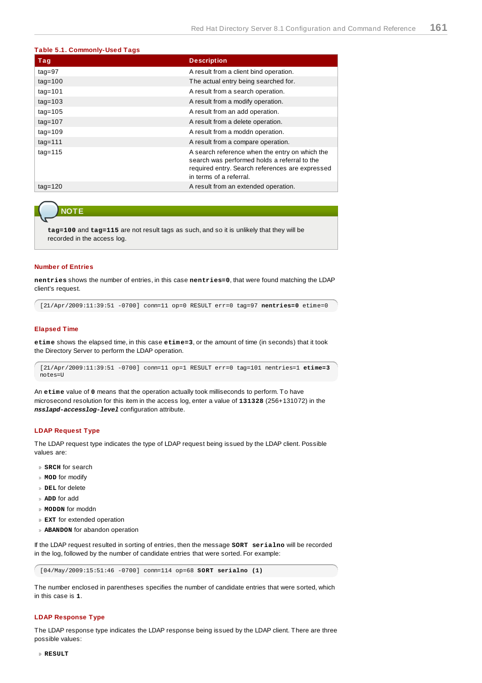 Note, Number of entries, Elapsed time | Ldap request type, Ldap response type | Red Hat 8.1 User Manual | Page 161 / 292