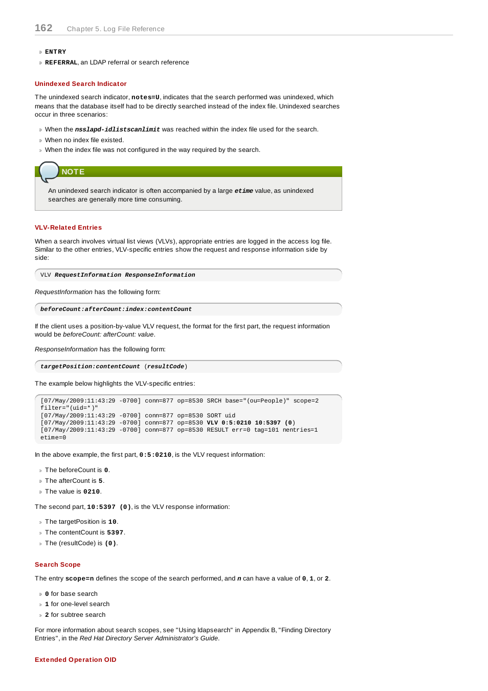 Unindexed search indicator, Note, Vlv-related entries | Search scope, Extended operation oid | Red Hat 8.1 User Manual | Page 162 / 292