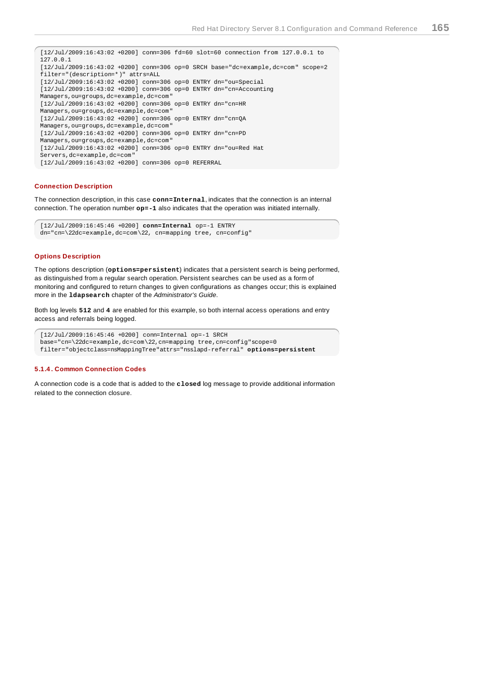 Connection description, Options description, Common connection codes | Log file reference | Red Hat 8.1 User Manual | Page 165 / 292