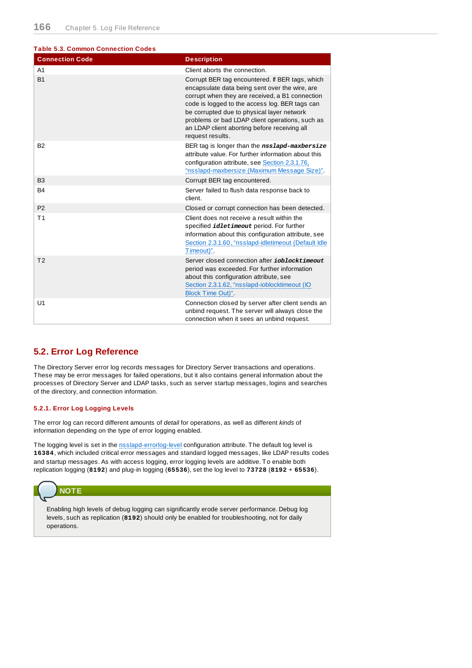 Table 5.3. common connection codes, Error log reference, Error log logging levels | Note | Red Hat 8.1 User Manual | Page 166 / 292