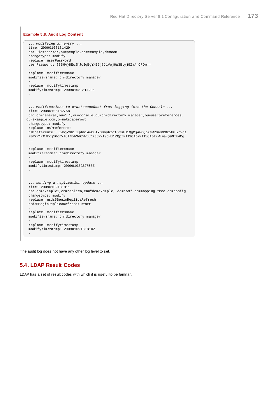 Example 5.8. audit log content, Ldap result codes, Section 5.4, “ldap result codes | Red Hat 8.1 User Manual | Page 173 / 292