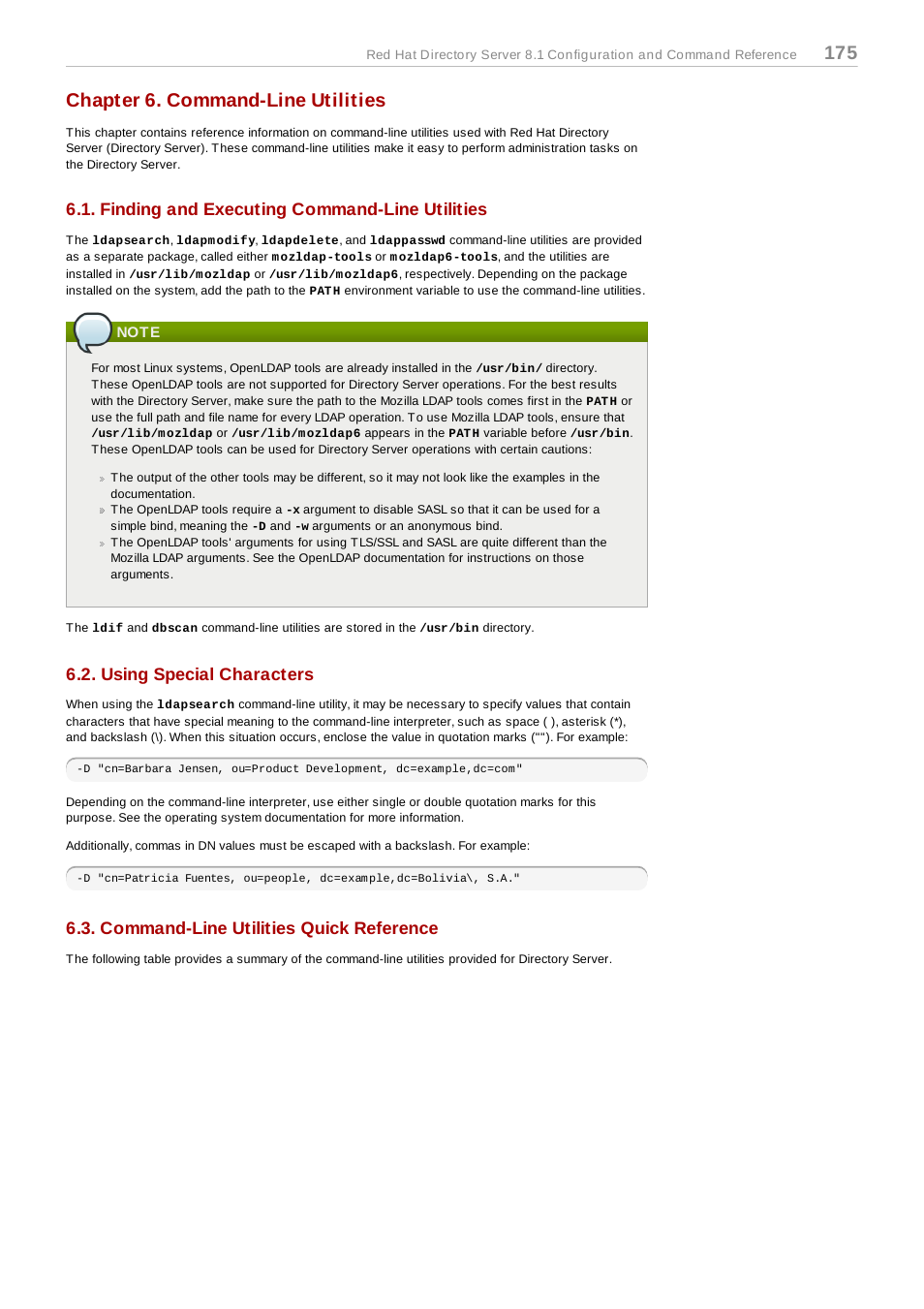 Chapter 6. command-line utilities, Finding and executing command-line utilities, Note | Using special characters, Command-line utilities quick reference | Red Hat 8.1 User Manual | Page 175 / 292