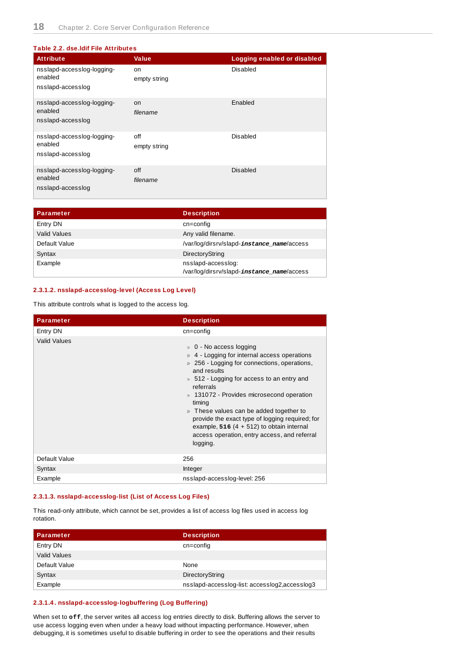 Nsslapd-accesslog-level (access log level), Nsslapd-accesslog-list (list of access log files), Nsslapd-accesslog-logbuffering (log buffering) | Red Hat 8.1 User Manual | Page 18 / 292