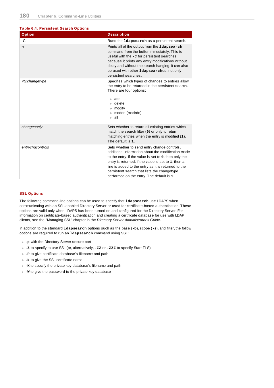 Table 6.4. persistent search options, Ssl options | Red Hat 8.1 User Manual | Page 180 / 292