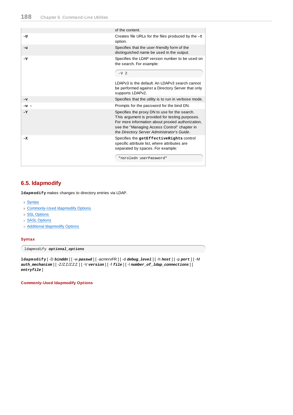 Ldapmodify, Syntax, Commonly-used ldapmodify options | Red Hat 8.1 User Manual | Page 188 / 292