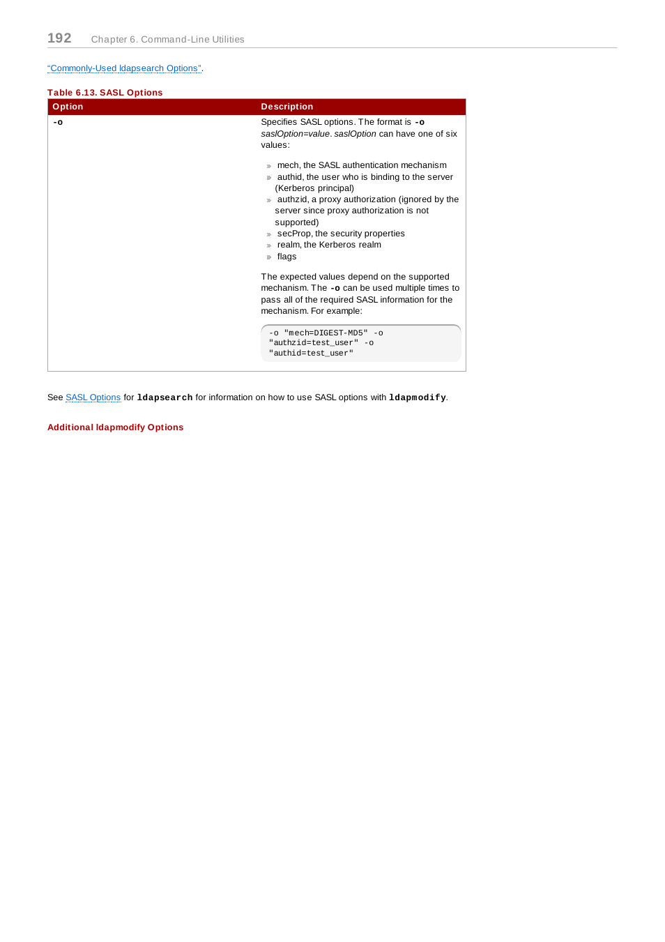 Table 6.13. sasl options, Additional ldapmodify options | Red Hat 8.1 User Manual | Page 192 / 292