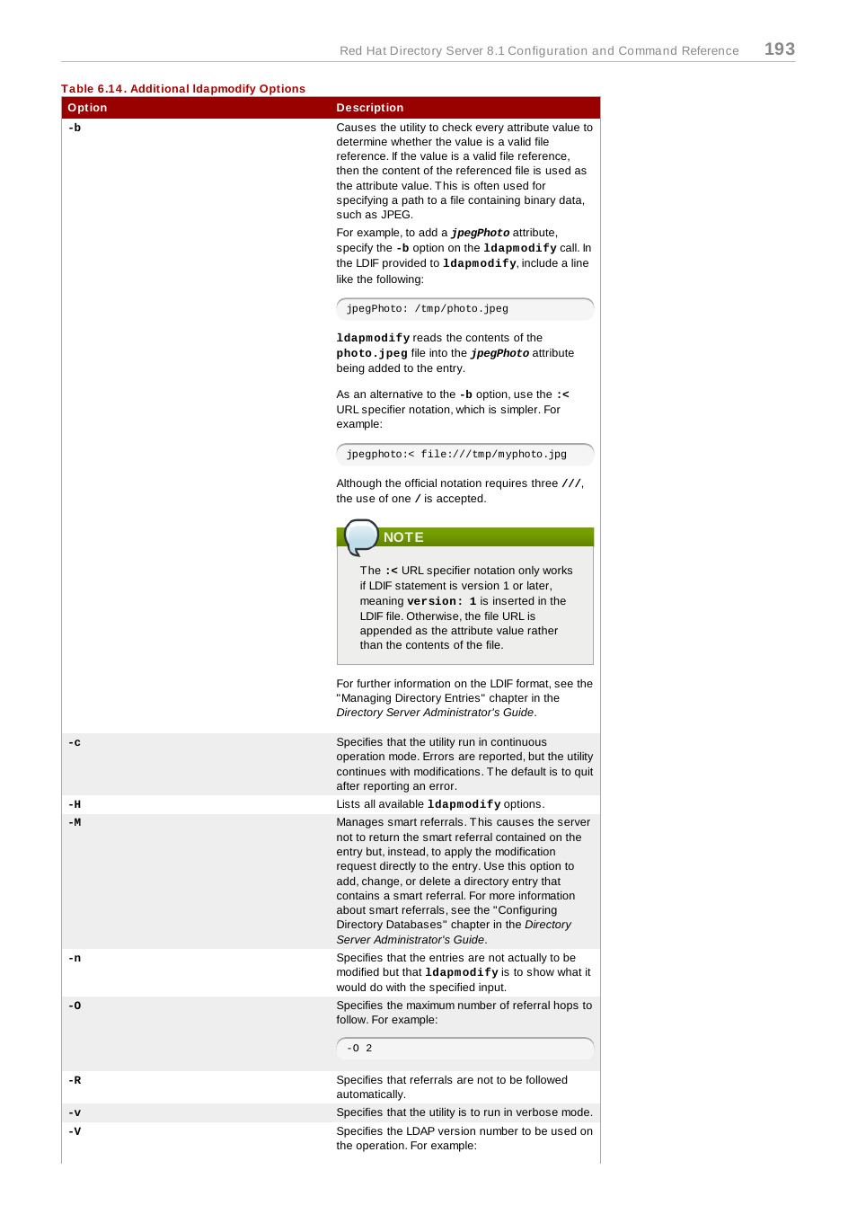 Table 6.14. additional ldapmodify options, Note | Red Hat 8.1 User Manual | Page 193 / 292