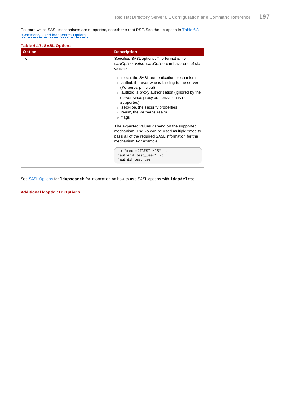 Table 6.17. sasl options, Additional ldapdelete options | Red Hat 8.1 User Manual | Page 197 / 292