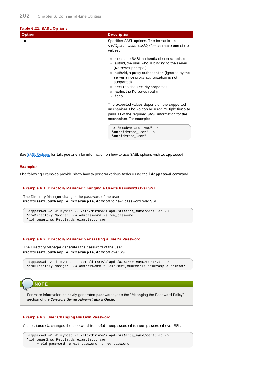 Table 6.21. sasl options, Examples, Note | Example 6.3. user changing his own password | Red Hat 8.1 User Manual | Page 202 / 292