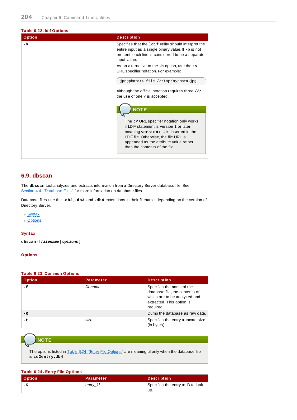 Table 6.22. ldif options, Note, Dbscan | Syntax, Options, Table 6.23. common options, Table 6.24. entry file options | Red Hat 8.1 User Manual | Page 204 / 292