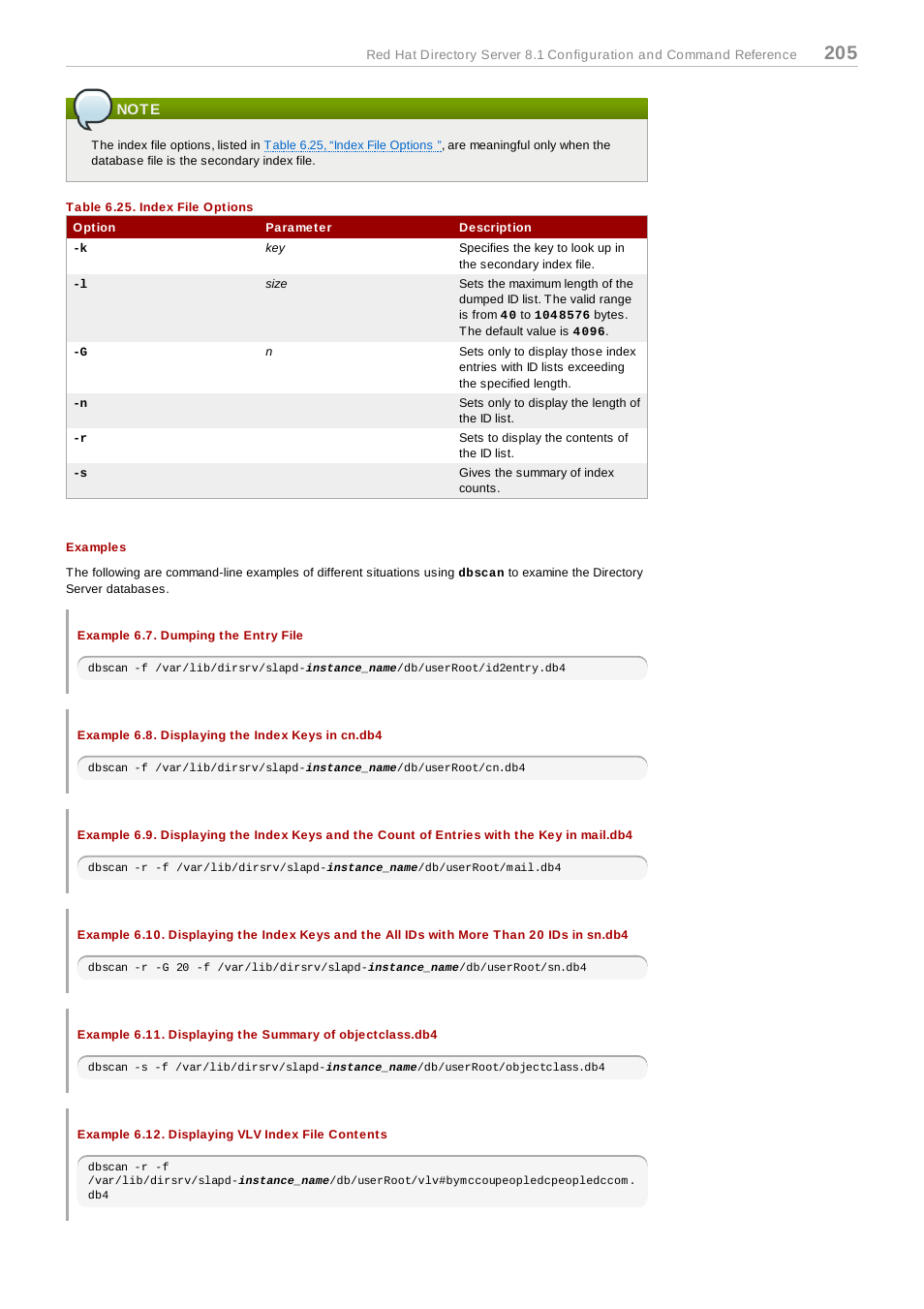 Note, Table 6.25. index file options, Examples | Example 6.7. dumping the entry file, Example 6.8. displaying the index keys in cn.db4, Example 6.12. displaying vlv index file contents | Red Hat 8.1 User Manual | Page 205 / 292